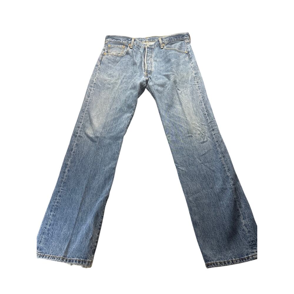 Levi’s 501 Jeans Men 38x34 Distressed Blue Denim Button Fly Frayed Hem